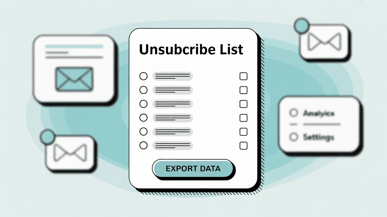 Email service provider dashboard interface showing an unsubscribe list with export functionality and navigation options for analytics and settings
